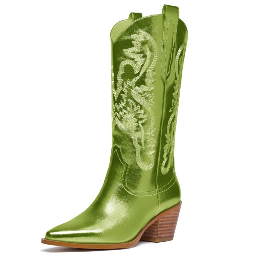 Lime Green Embroidered Heeled Boots